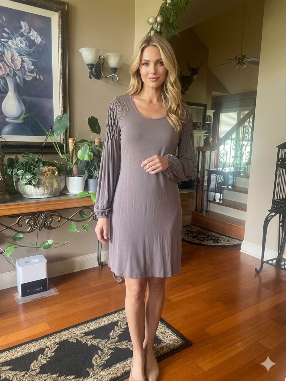 Free People Backless Scoop-Neck Long Sleeve Dress in Taupe